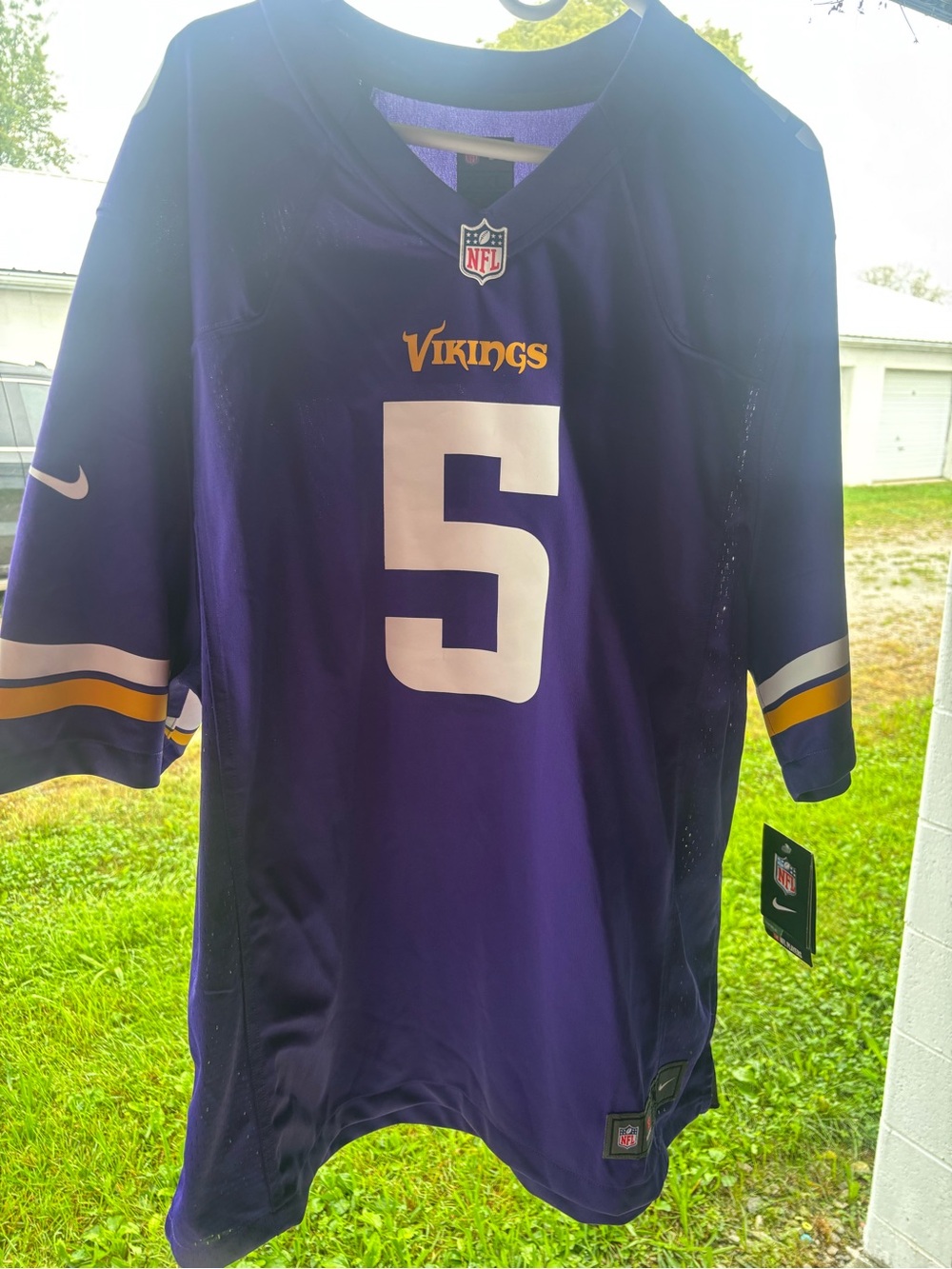 Nike Minnesota Vikings Purple Jersey with White #5 and Gold Accents